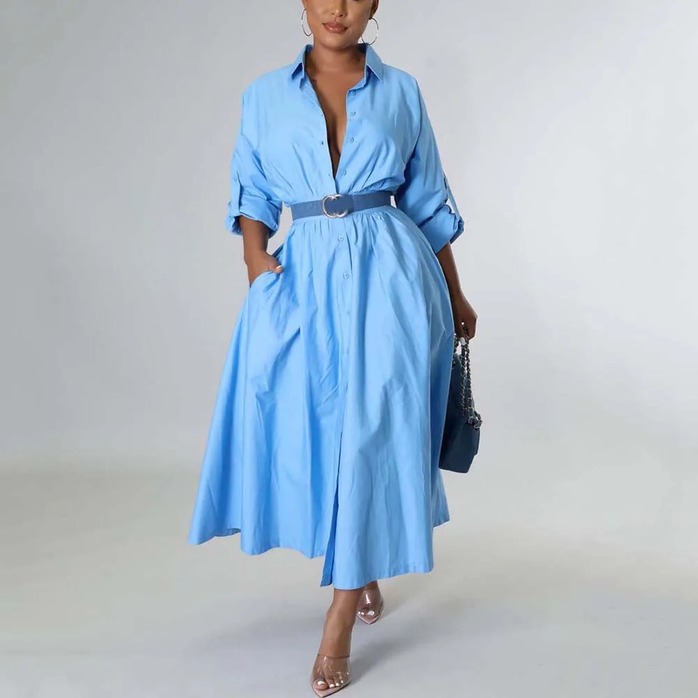 

Women Shirts Dresses Solid Single Breasted Turn Down Collar High Waisted A Line Ankle Length Elegant Evening Party Dinner Dress