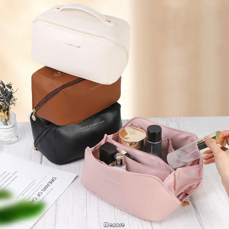 

Women'S Leather Cosmetic Pouch Large-Capacity Makeup Bag Travel Portable Storage Case Waterproof Washbag Toiletries Organizer