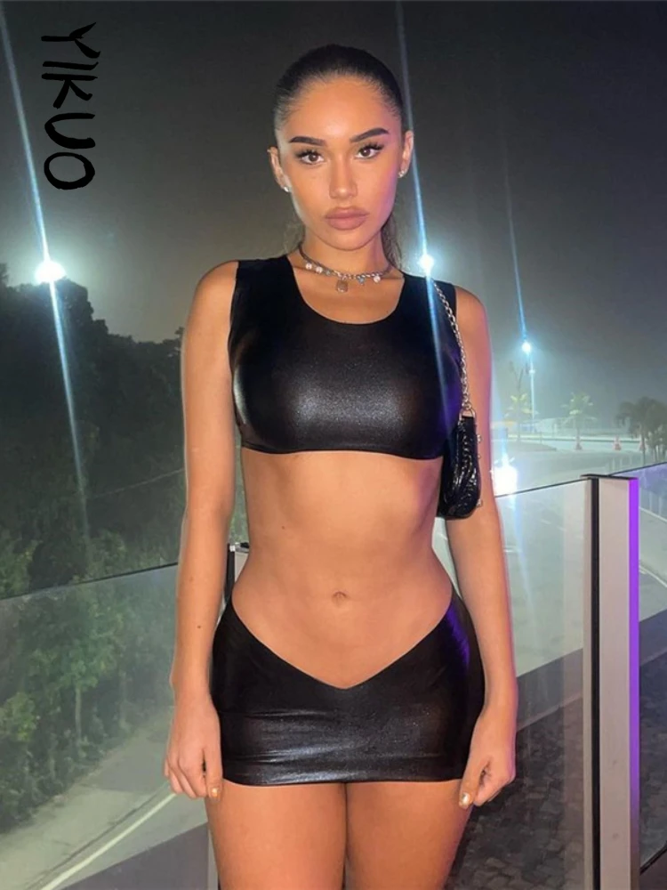 

YIKUO Simple Faux PU Leather Two Piece Set Women Concise Skinny Sleeveless Vest+ Sexy Unique Cut Out Skirt Streetwear Outfits