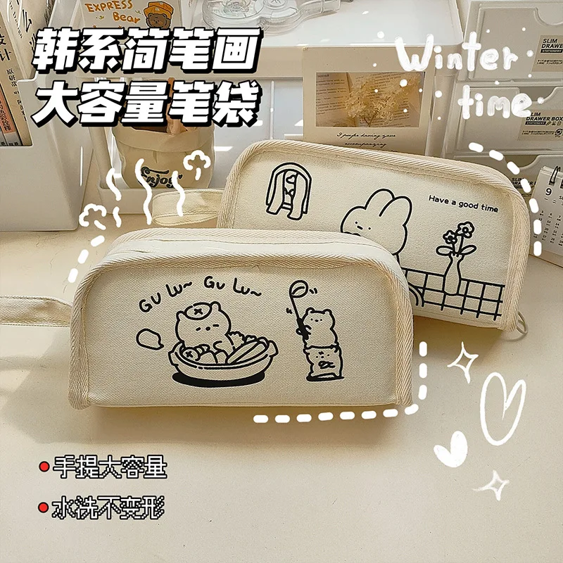 

Korean Cartoon Student Canvas Pencil Case Kawaii Student Stationery School Supplies High Capacity Back To School Pencil Bag