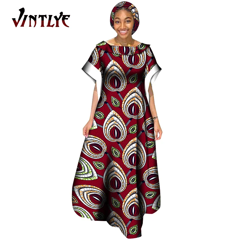 African Dresses for Women Loose Vintage Lady Dress with Headscarf Ankara Print Bat Sleeve Dashiki Outfits African Female Clothes