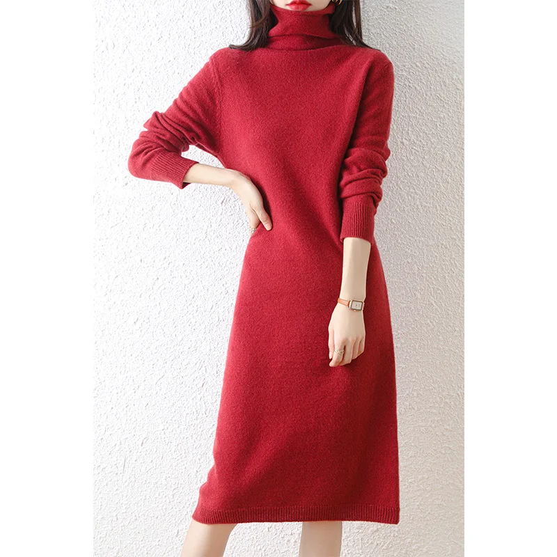 Autumn Winter 100% Wool Thicken Sweater  Long Dress Warm Basic Knit Pullover Women Slim Dress Solid Color Casual Dresses