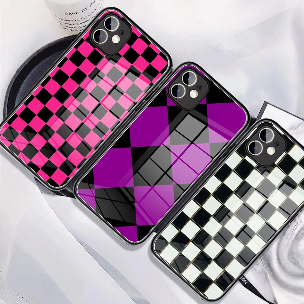 

2022 Fashion Checkerboard Soft Phone Case Tempered Glass for IPhone13 11 12Pro Mini XR XS MAX8 X 7Plus 13Pro Covers