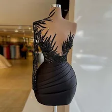 Vestido de fiesta corto elegante para mujer, vestido Sexy negro de manga larga con un hombro, apliques de talla grande, Mini vestidos de noche de cóctel, hecho a medida