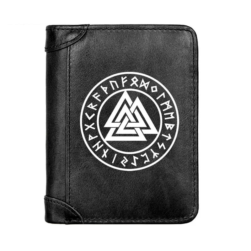 

Vintage Norse Mythology Vikings Symbol Cover Genuine Leather Men Wallet Fashion Pocket Slim Card Holder Male Short Coin Purses