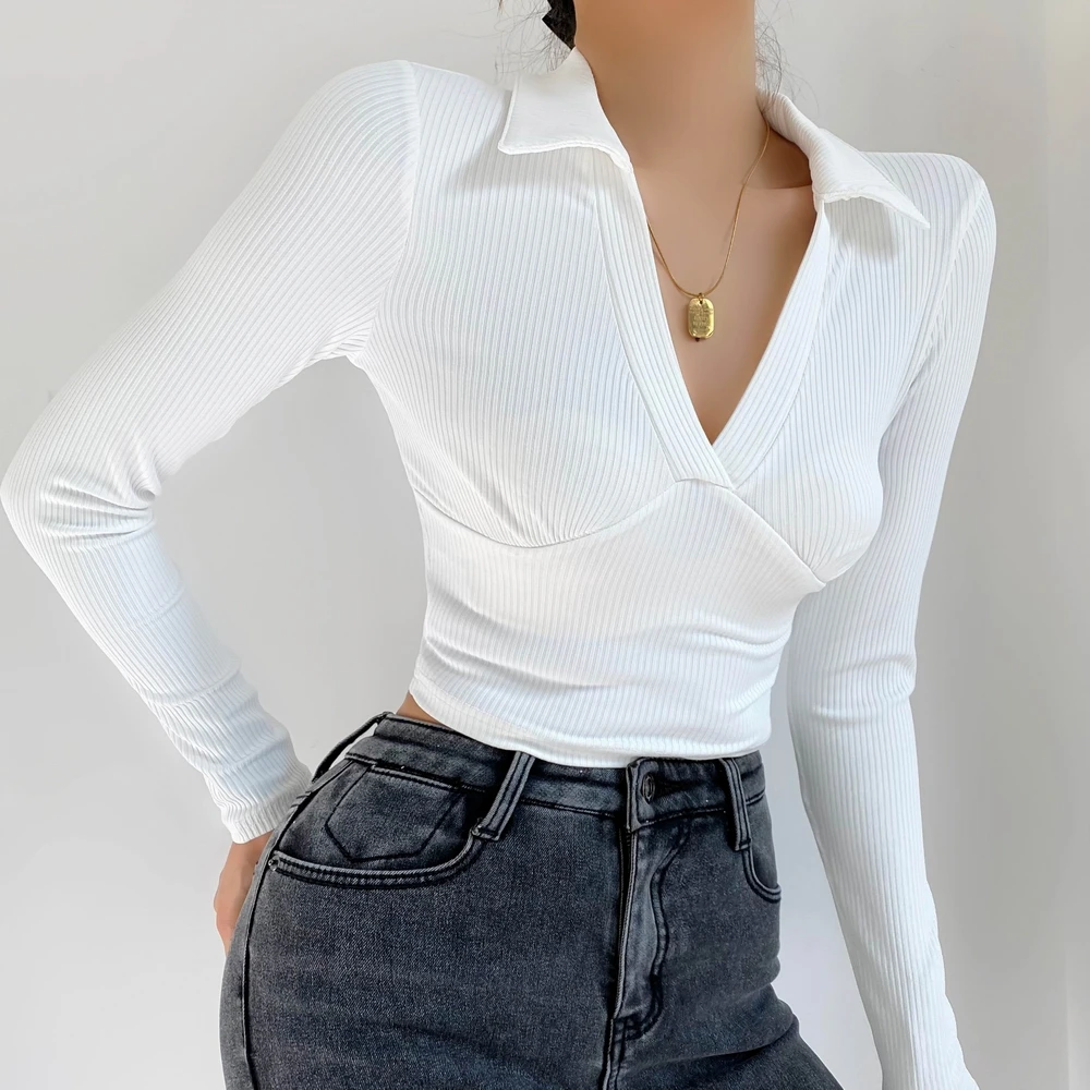 

Облегающая женская футболка, Новинка осени 2022, модная эластичная трикотажная одежда с длинным рукавом и V-образным вырезом, современный жен...