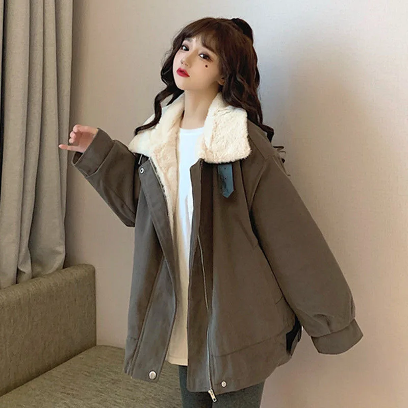 

Корейская флисовая куртка из ягненка, Женское зимнее Новое плюшевое утепленное пальто с лацканами и карманами на молнии, однотонное свободное повседневное пальто для женщин