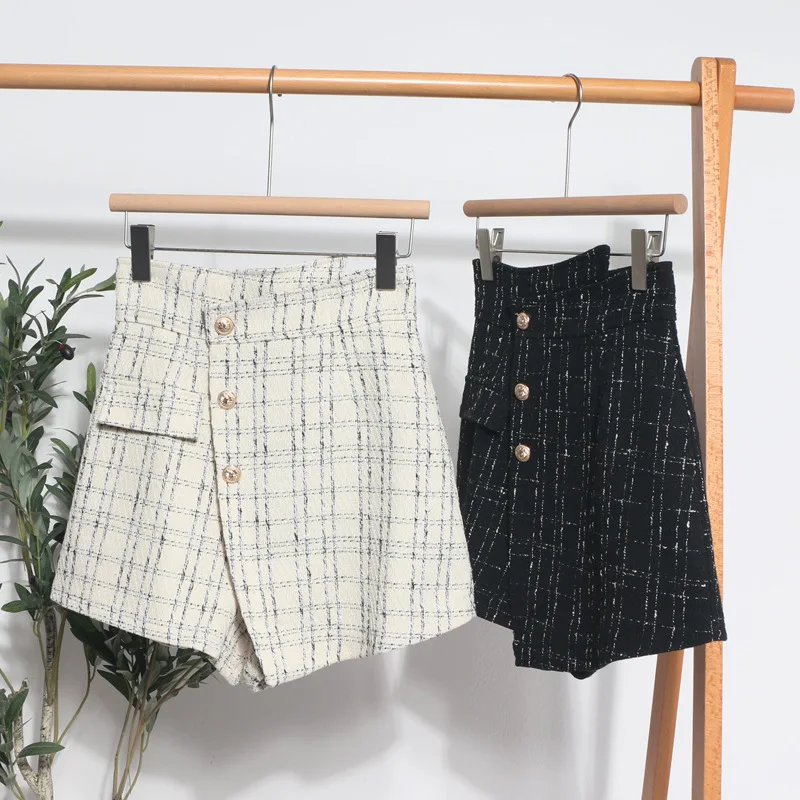 Women's Irregular High Waist Shorts Skirt New Vintage Plaid A Line Casual Office Lady French Sweet Shorts Tweed Female summer