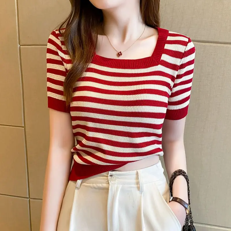 

Black and White Ice Silk Striped Knitting Tops Summer Short Sleeve Square Collar Thin Short T Shirts Korean Fashion Women Clothi
