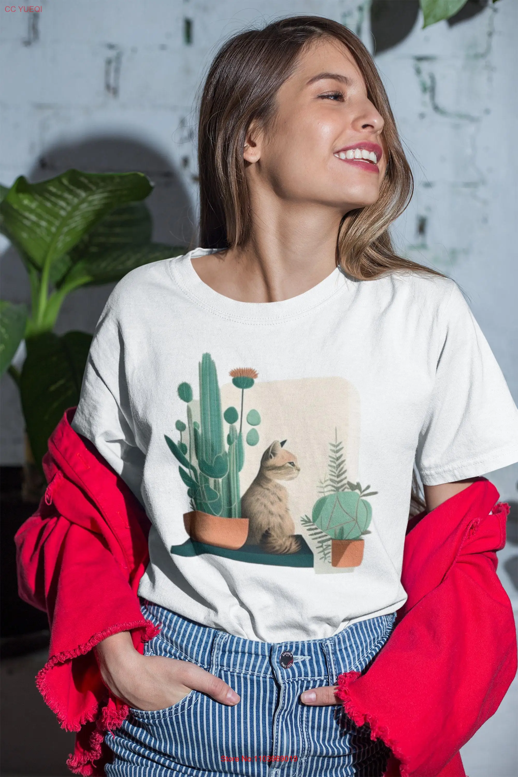 Фото Футболка Cat With Plants Lover Mom с длинными или короткими рукавами №1