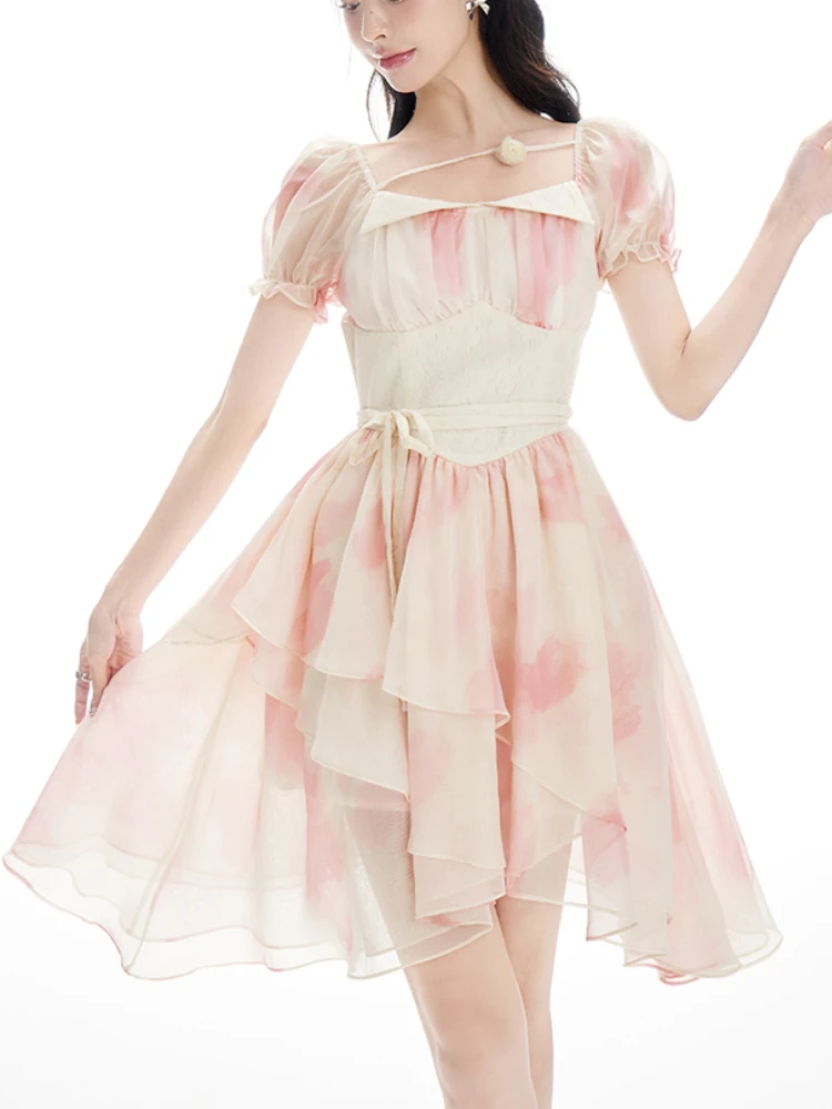 

Print Elegant Sweet Party Mini Dress Women Bubble Sleeve Korean Style Casual Dresses Pink France Vintage Fairy Dress Summer 2022