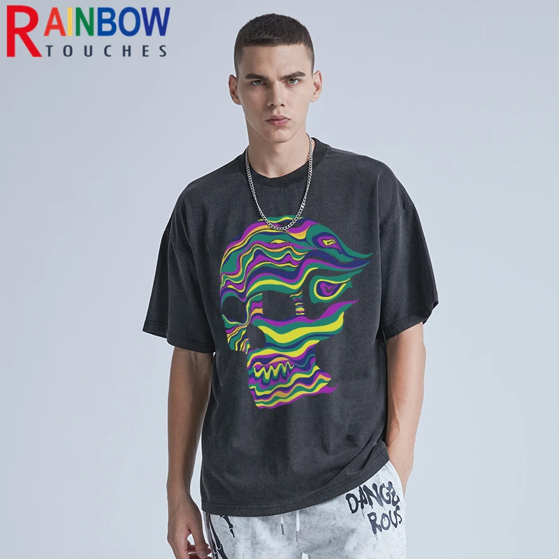 

Rainbowtouches Washed Men T Shirt 2022 Summer Vintage Unisex High Street Skulls Pattern Oversize Fashion Mens Graphic T-Shirts