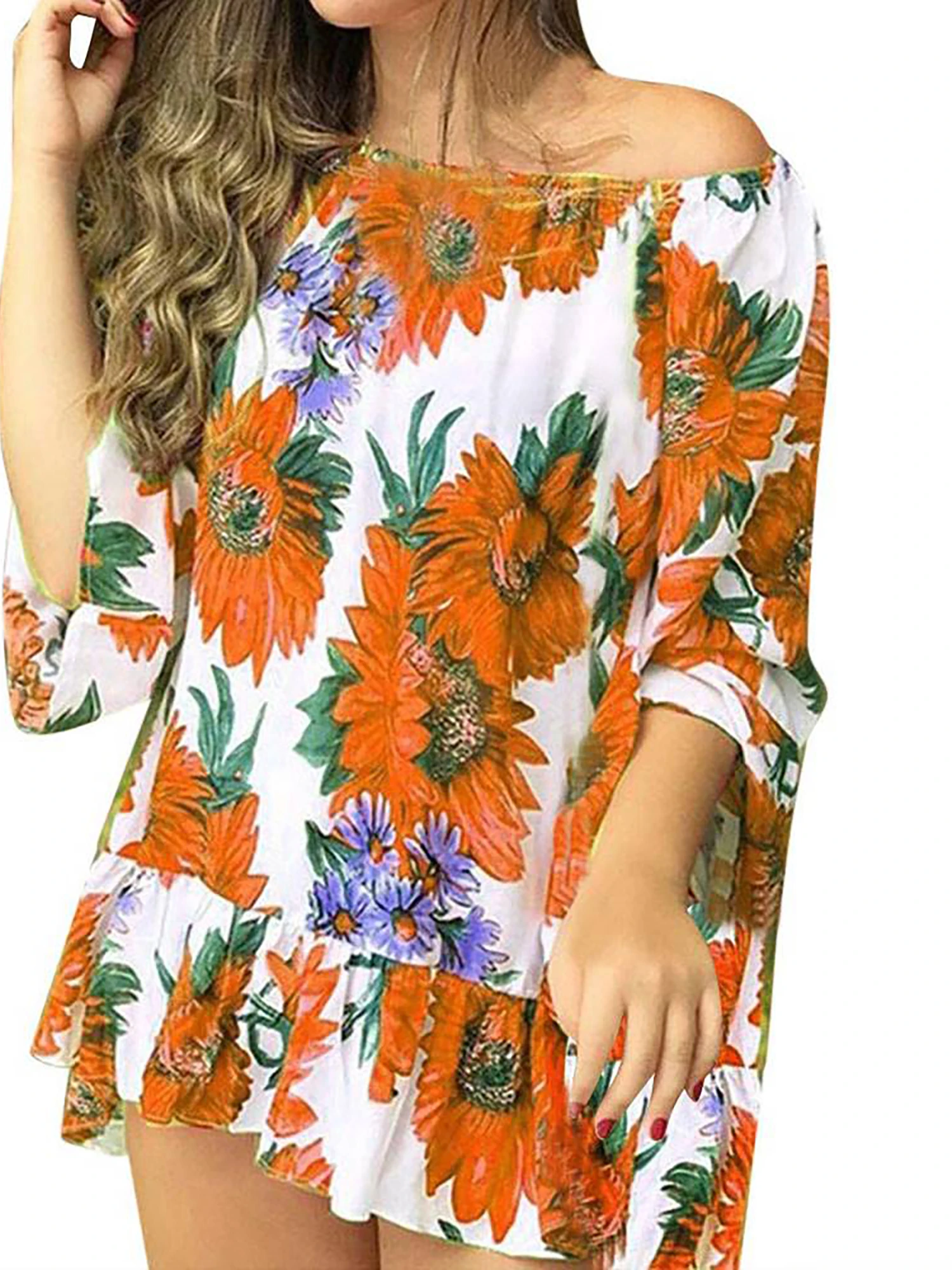 

Elegant Women Slash Neck Temperament Tops Sexy Floral Print Patchwork Pleated Hem Ladies Pullover Female Shirt Clothes Blouses