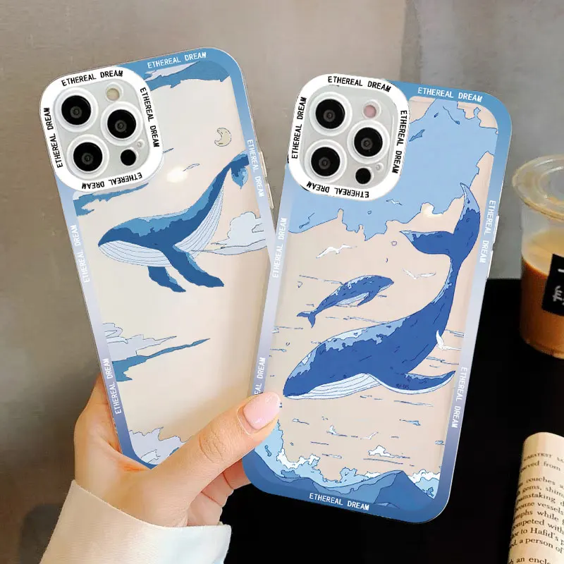 

Fantasy Whale Clear Phone Case For iPhone X XR XS 14 13 12 11 Pro Max SE2 8 7Plus Anime Colourful Whales Cloud Transparent Cover