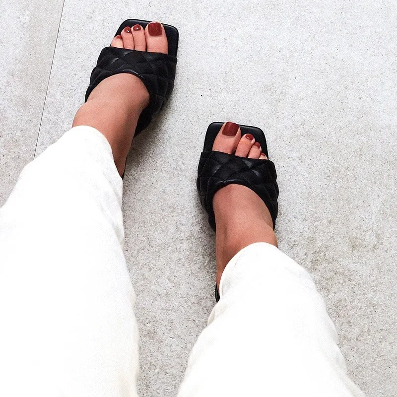 

KAMUCC NEW Sexy PU Diamond Square Head Peep Toe High Heel Sandals Summer Fashion Slip On Thin Heels Slides Women Mules Party