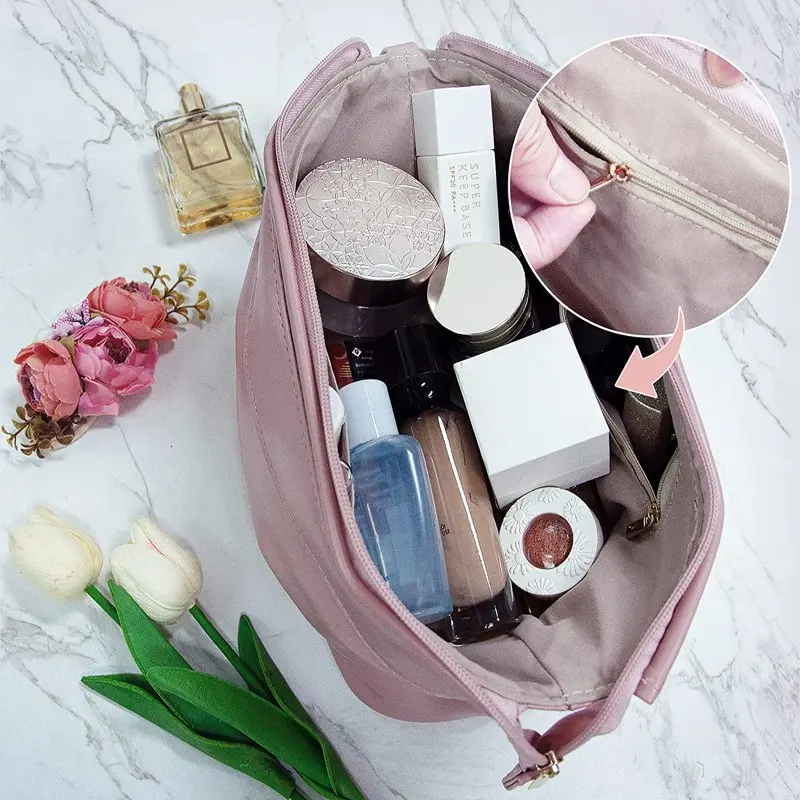 Makeup Bag, Large Capacity Travel Cosmetic Bag, PU  Zipper Pouch Toiletry Organizer for Travel, Business Trips and Daily Use (Pi
