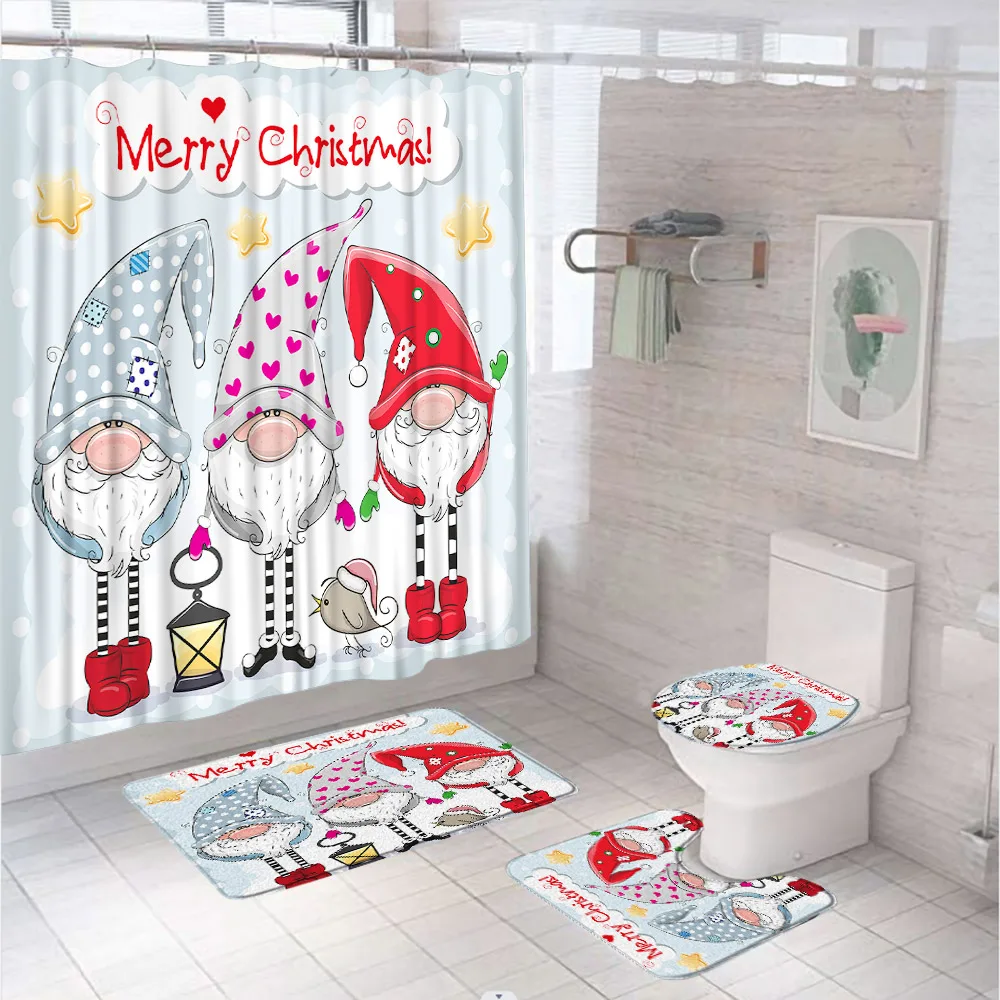 

Christmas Cartoon Gnome Shower Curtain Set Winter Snowman Santa Claus Xmas Bathroom Curtains Anti-slip Bath Mat Toilet Cover Rug