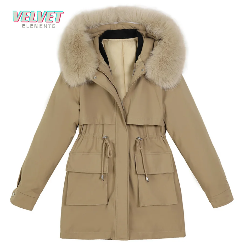 VE 2023 New Winter Jacket Women Parka Big Fur Collar Hooded Thick Warm Long Female Coat Casual Outwear Down Cotton Jacket Parkas