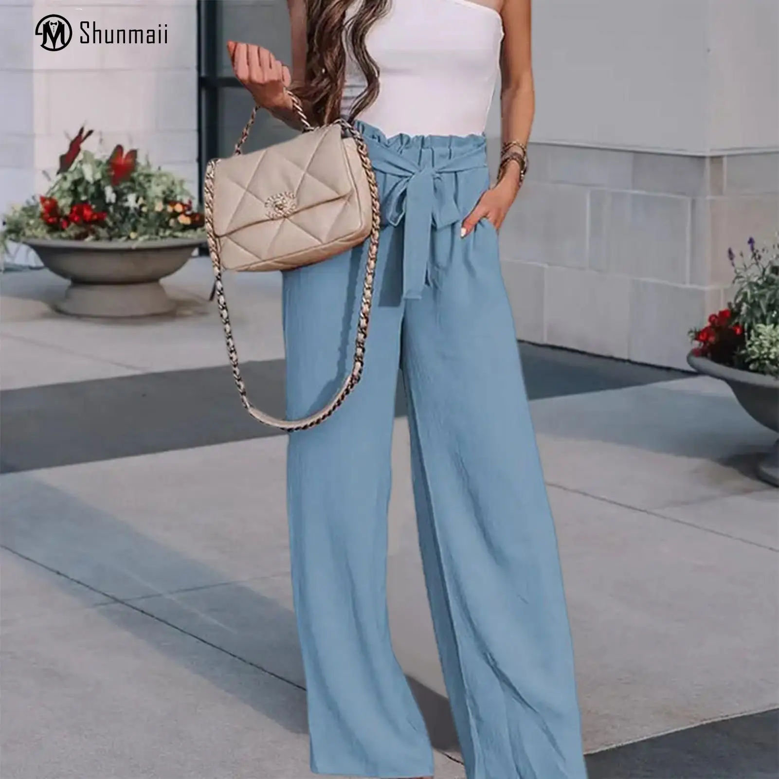 

Cotton Linen Comfy Pleated Trousers Tie Up Ladies Summer Trousers Elastic Waist Loose Bohemian Style High Waist Daily Clothing
