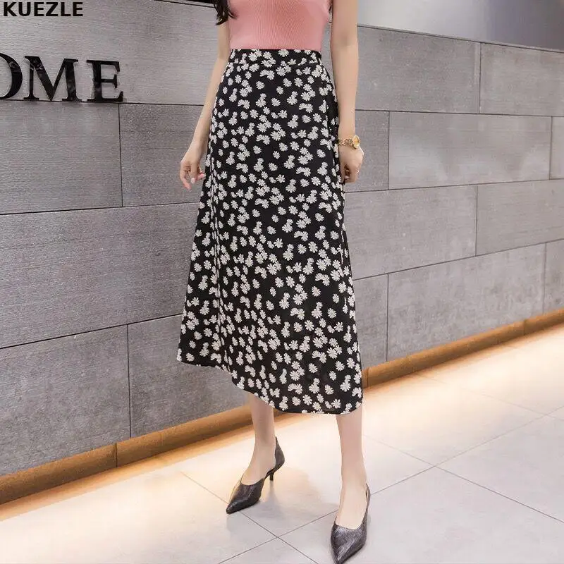 

Irregular Skirt New Korean Version Of The High Waist Spring Summer Skirt 2022 Slim Mid Length A Line Floral Print Chiffon Skirts
