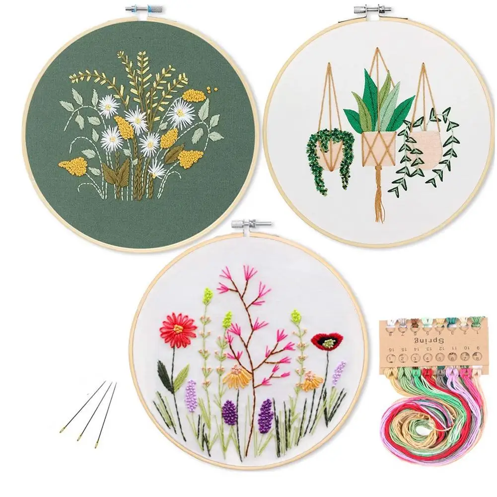 

DIY Stamped Embroidery Starter Kit with Flowers Plants Pattern Cloth Color Threads Tools For Birthday Gifts Mom Mothers Day