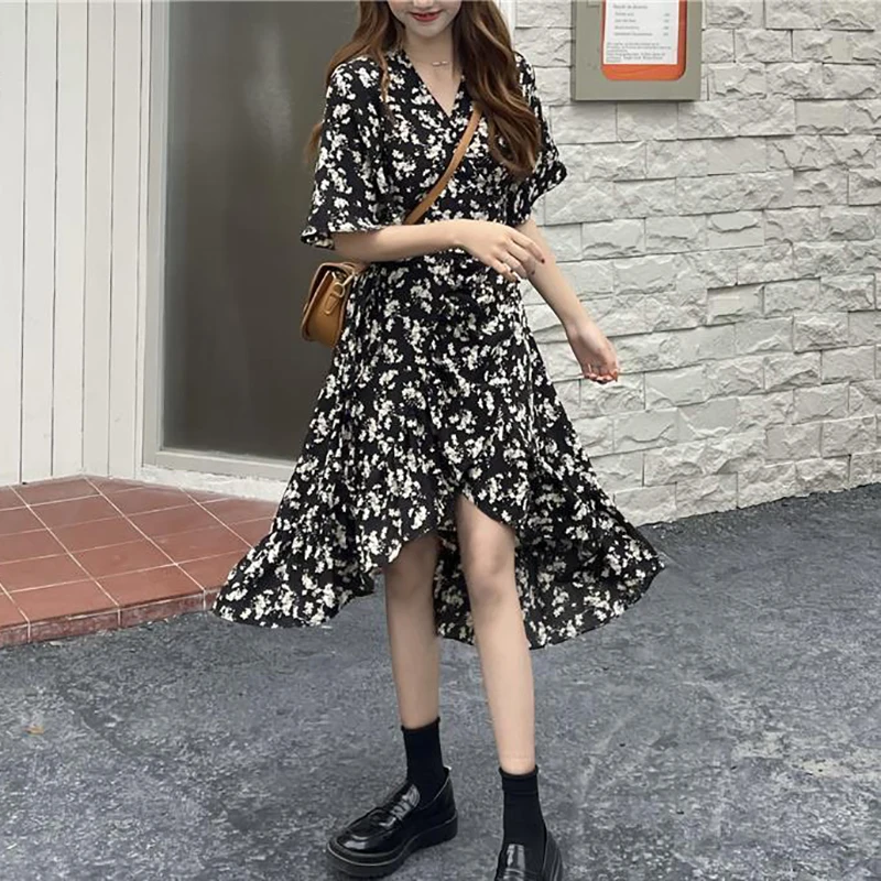 

Floral Print Dresses Women Korean Style Asymmetrical Design V-Neck Midi Dress Fashion Summer Sundress Vacation Chic Streetwear