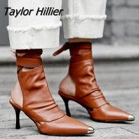 new pointed toe slingback ankle boots brown bare feet strappy breathable cool boots mid heel sexy ladies dress womens boots
