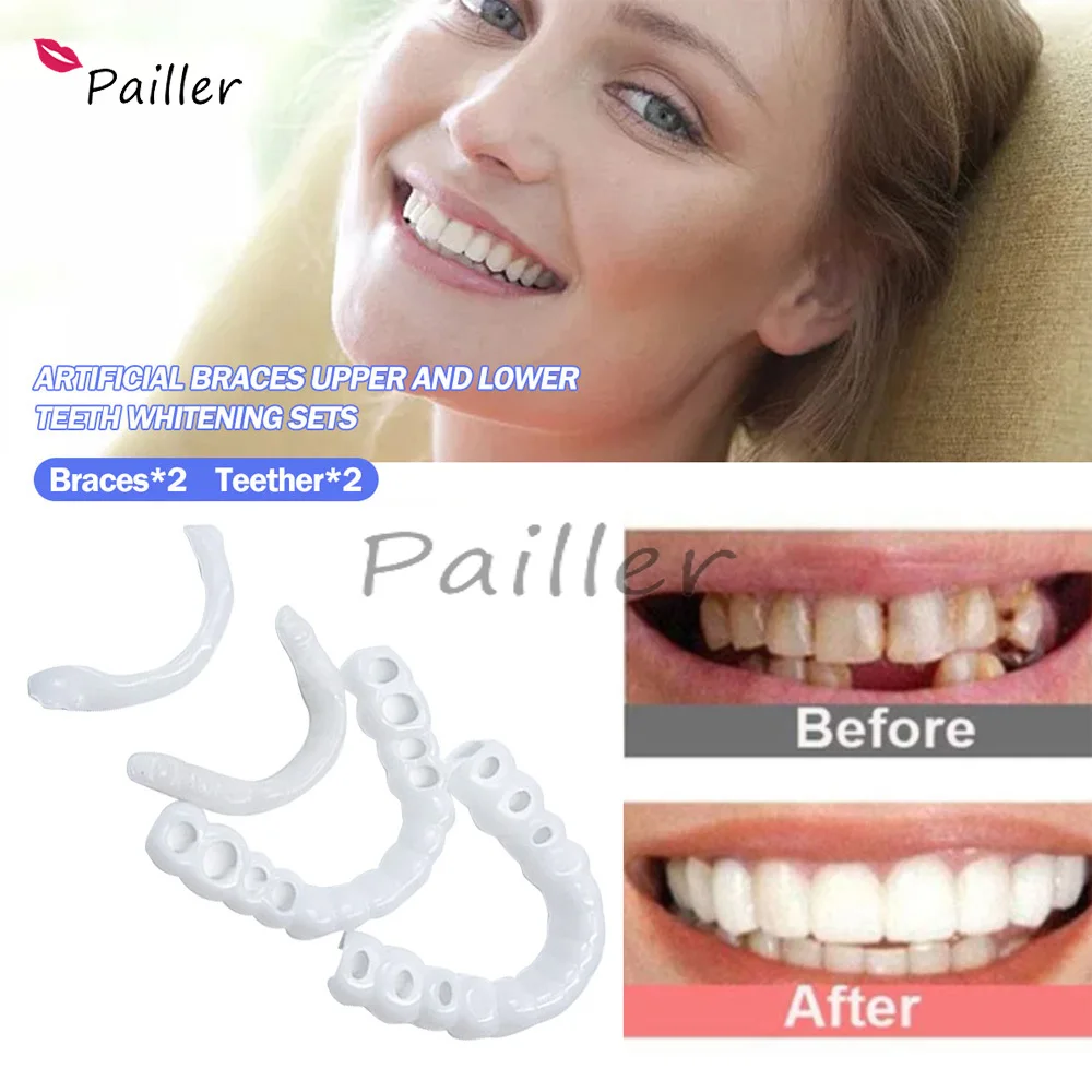 

1 комплект, накладные зубы из силикона, верхние и нижние зубные виниры, временные накладные зубы, косметические зубные протезы, накладные зубы