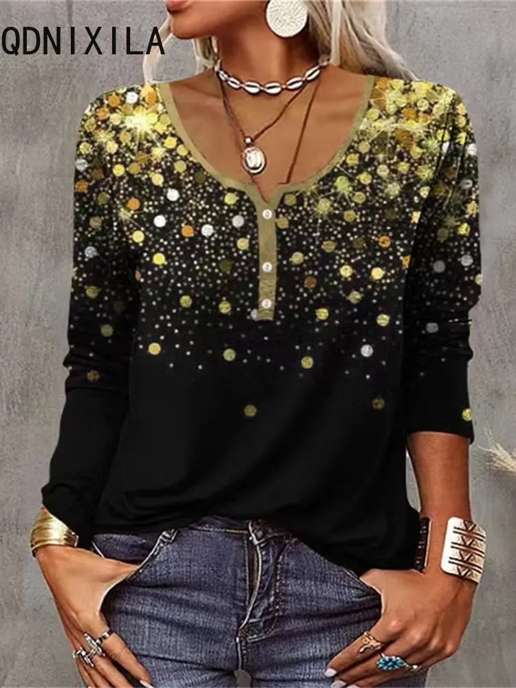 

Женская свободная футболка в горошек, Повседневная рубашка с длинным рукавом и U-образным вырезом, на пуговицах, весна-лето