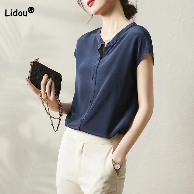 

Women Blouses 2022 Simplicity Office Lady Buttons Solid Summer Round Neck All-match Short Sleeve Chiffon Tops Ropa De Mujer