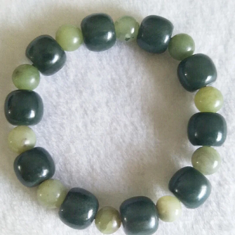 

Natural Green Jades Bracelet Men Women Healing Bangle Chinese Hetian Nephrite Beads Barrel Beads With Jade Round Bead Bracelets