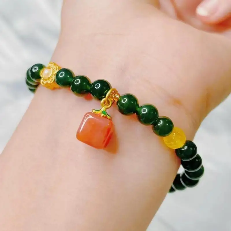 

6mm Women Green Jade Bracelet With Yanyuan Agate Sugar Cube Charms Genuine Hetian Jades Nephrite Diy Bracelets Jasper Bangles