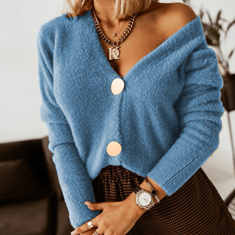 Fashion Solid V Neck Metal Button-up Cardigan Tops Streetwear Women Elegant Long Sleeve Coat Winter Autumn Soft Fluffy Sweater