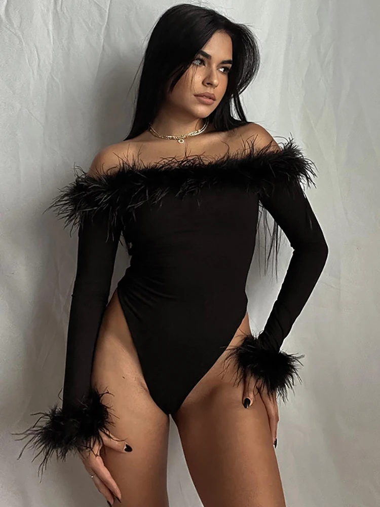 

Bornladies Feather Long Sleeve Off Shoulder Sexy Bodysuit Women Black Jersey Top Streetwear Patchwork Bodysuit Female Spring