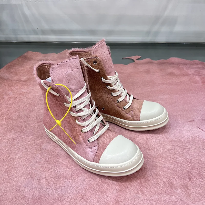 Dekherw High Top Shoes Women Leather Pink Horse Fur Ro Owen 2023 New Thick Sole Increased Street Casual Sneakers Ankle Boots Men