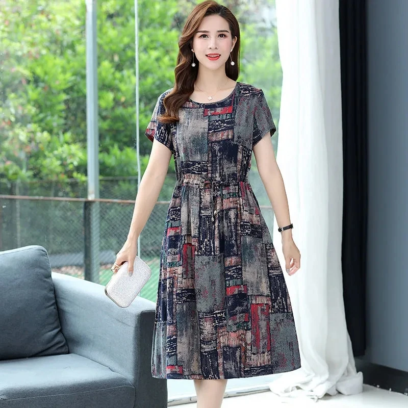 

Middle-aged and elderly women's dress summer dress mid-length mother's dress short sleeve round neck large size