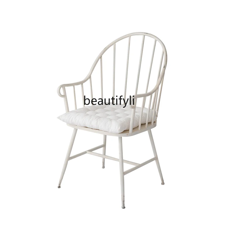 

LBX Nordic Wrought Iron Distressed Dining Chair Light Luxury Armchair Single Backrest Chair