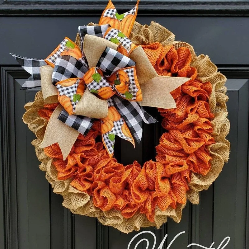 

Autumn Wreaths For Front Door Farmhouse,Thanksgiving Pumpkin Wreath With Bows Decor