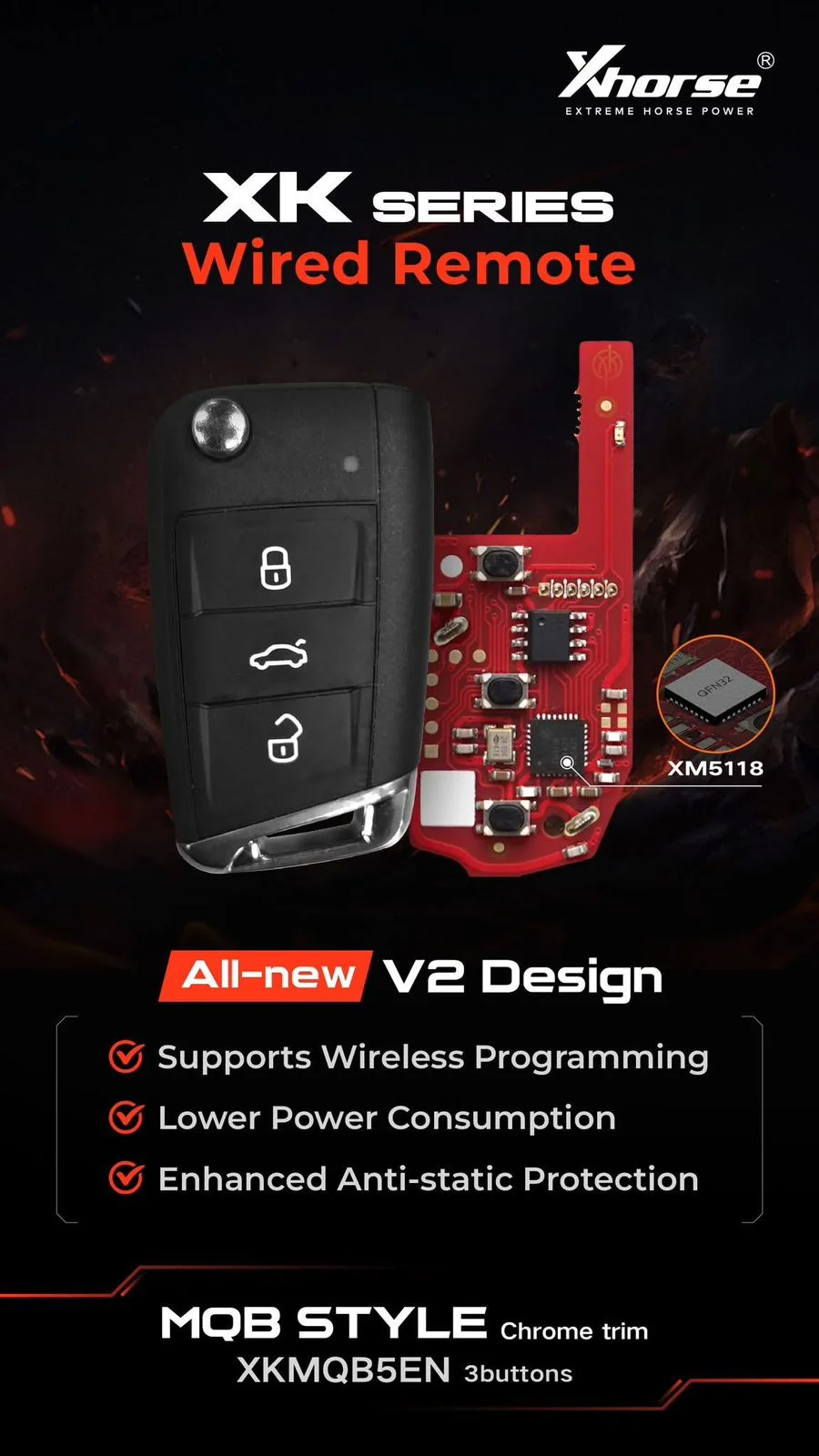 

Xhorse XKMQB5EN VVDI Проводной дистанционный ключ MQB Тип 3 кнопки поддерживает беспроводное программирование