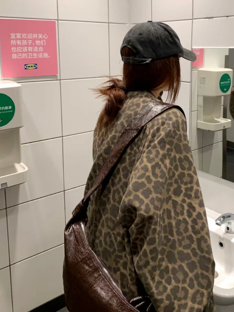 Женская леопардовая куртка на молнии Повседневная Свободная винтажная в стиле