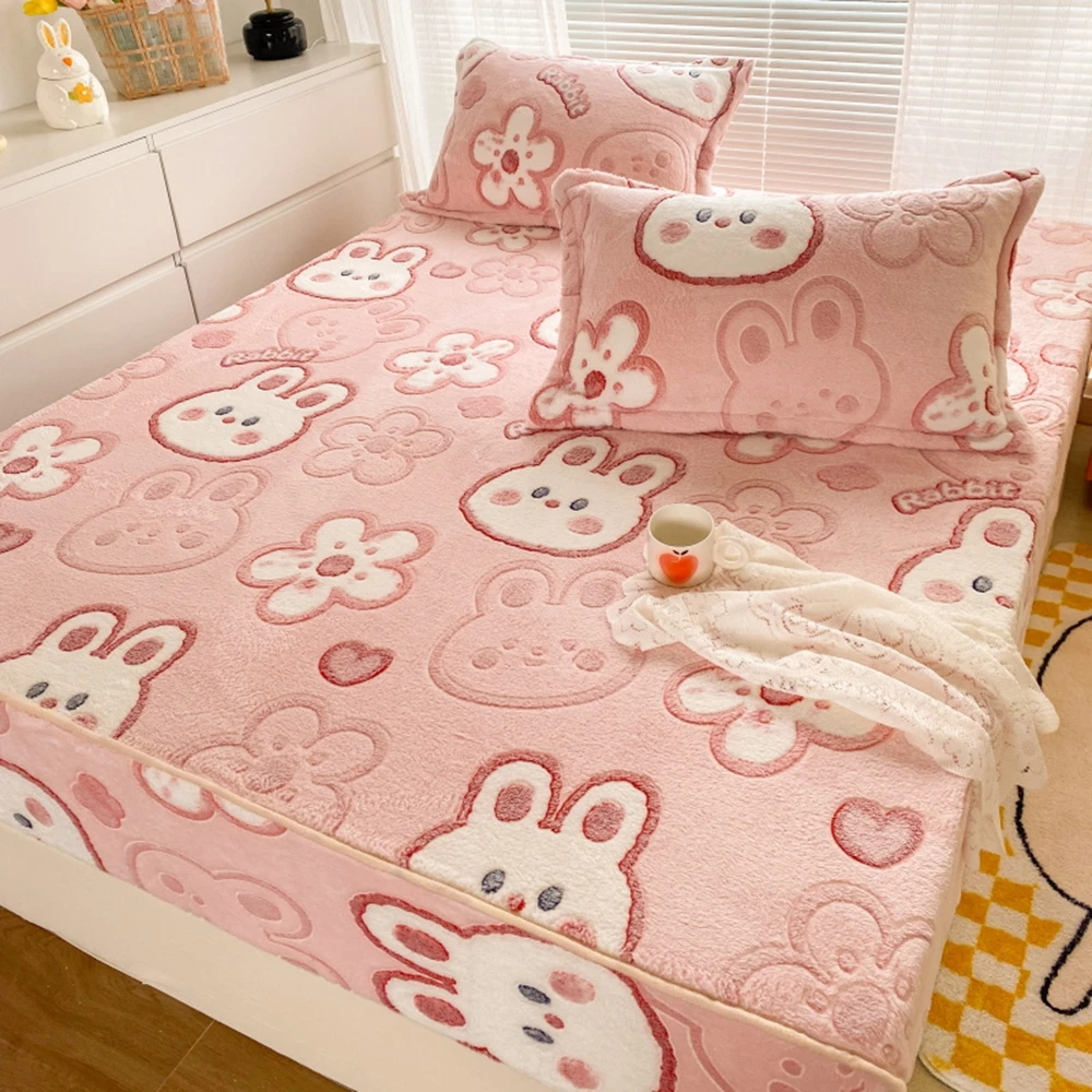 Home Bed Linen Winter Pink Rabbit Children's Room Bedding Set  All-Around Elastic Warm Crystal Velvet Fitted Sheet Mattress Cove