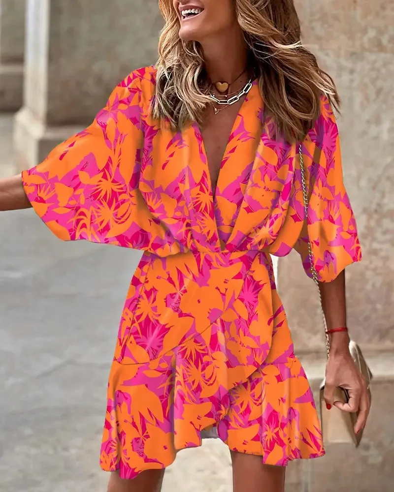 Women Print Dress Sexy V-Neck Bat Sleeve Ruffl Flowers Bohemian Beach Sundress Ladies Loose Summer Vacation Mini Dresses