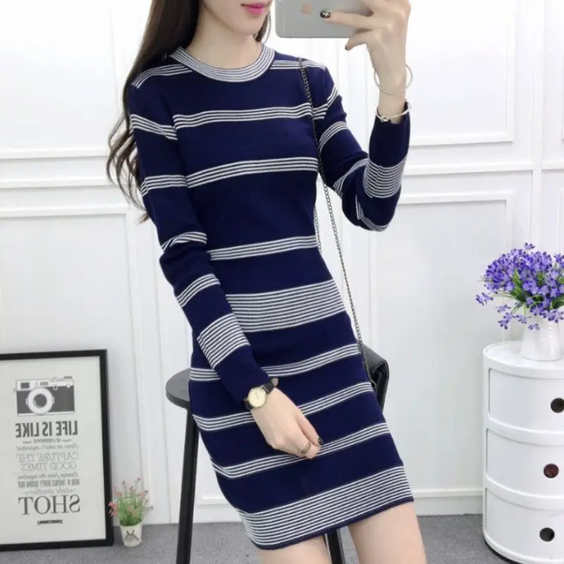 

Женское вязаное платье в полоску, длинное платье-свитер из вискозы с круглым вырезом, модель W311 на весну и осень, 2023