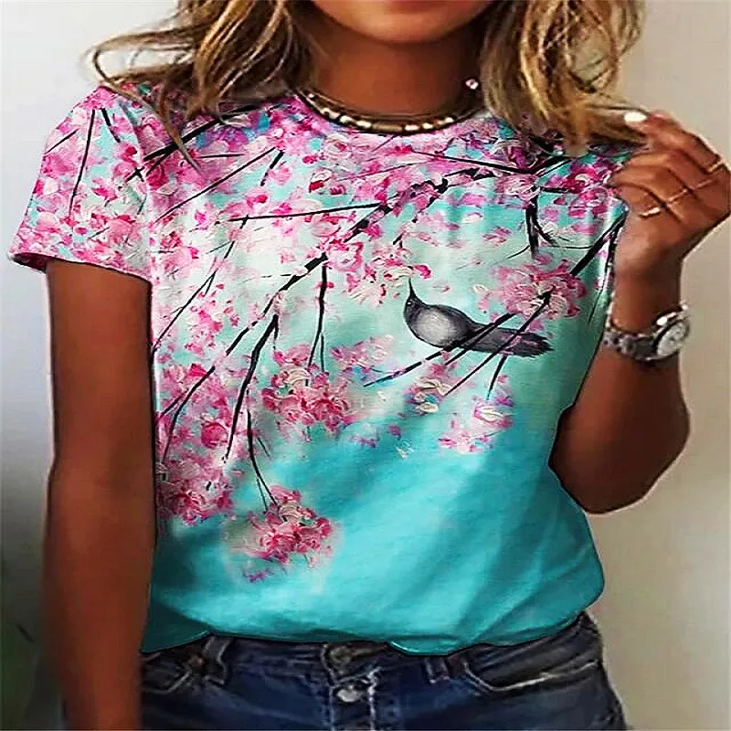 

Nowy letni motyw śliwkowy moda damska odzież wokół szyi kwiatowy druk 3D damska ponadgabarytowa koszulka poliestrowa