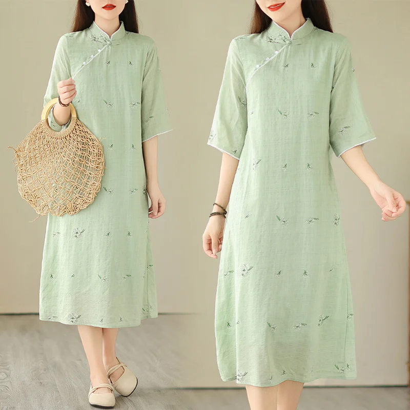 

#4001 Light Green Vintage Midi Dress Stand Collar Oblique Buttons Chinese Style Floral Printed Retro Dress Women Cotton Linen