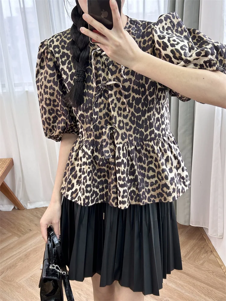 Женская винтажная рубашка с леопардовым принтом хлопковый топ на шнуровке