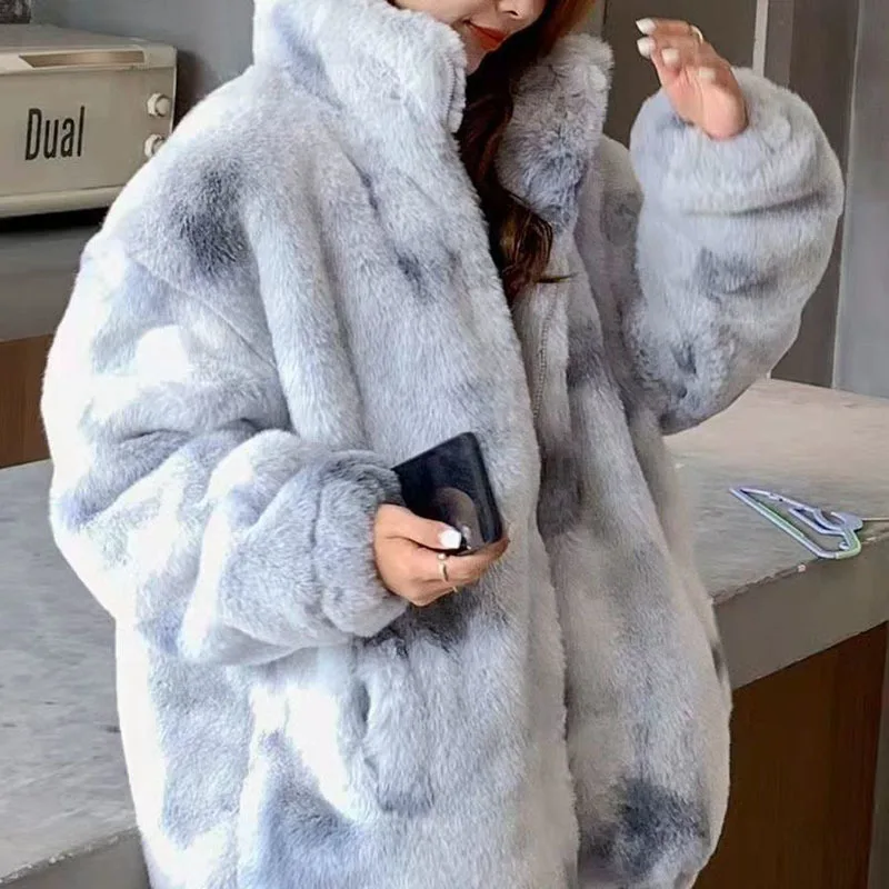 Fashion Tie-dye Lamb Wool Jacket 2022 Korean Version Loose Temperament All-match Medium And Long  Faux Fur Plush Coat