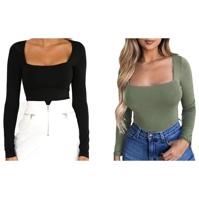 

2 Pcs Women's Sexy Solid Color Slim Square Collar Long Sleeve T-Shirt Bottoming Top Black S Size & Armygreen S Size