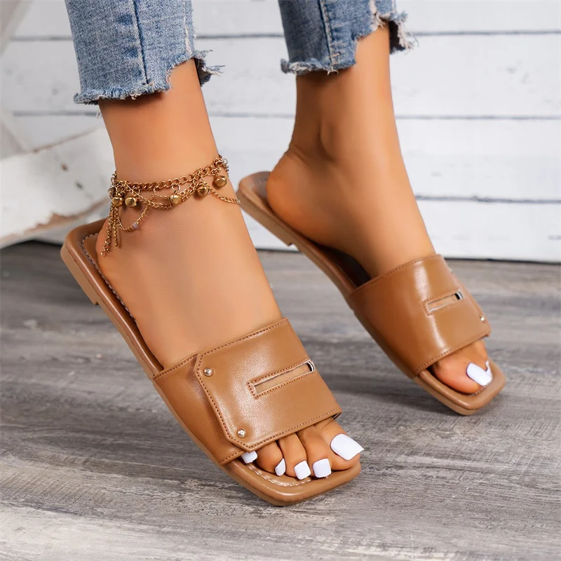 Retro Casual Rivet Soft Leather Open Toe Slippers Summer Wear Flat Bottom Comfortable Joker Simple Women's Shoes Plus Size