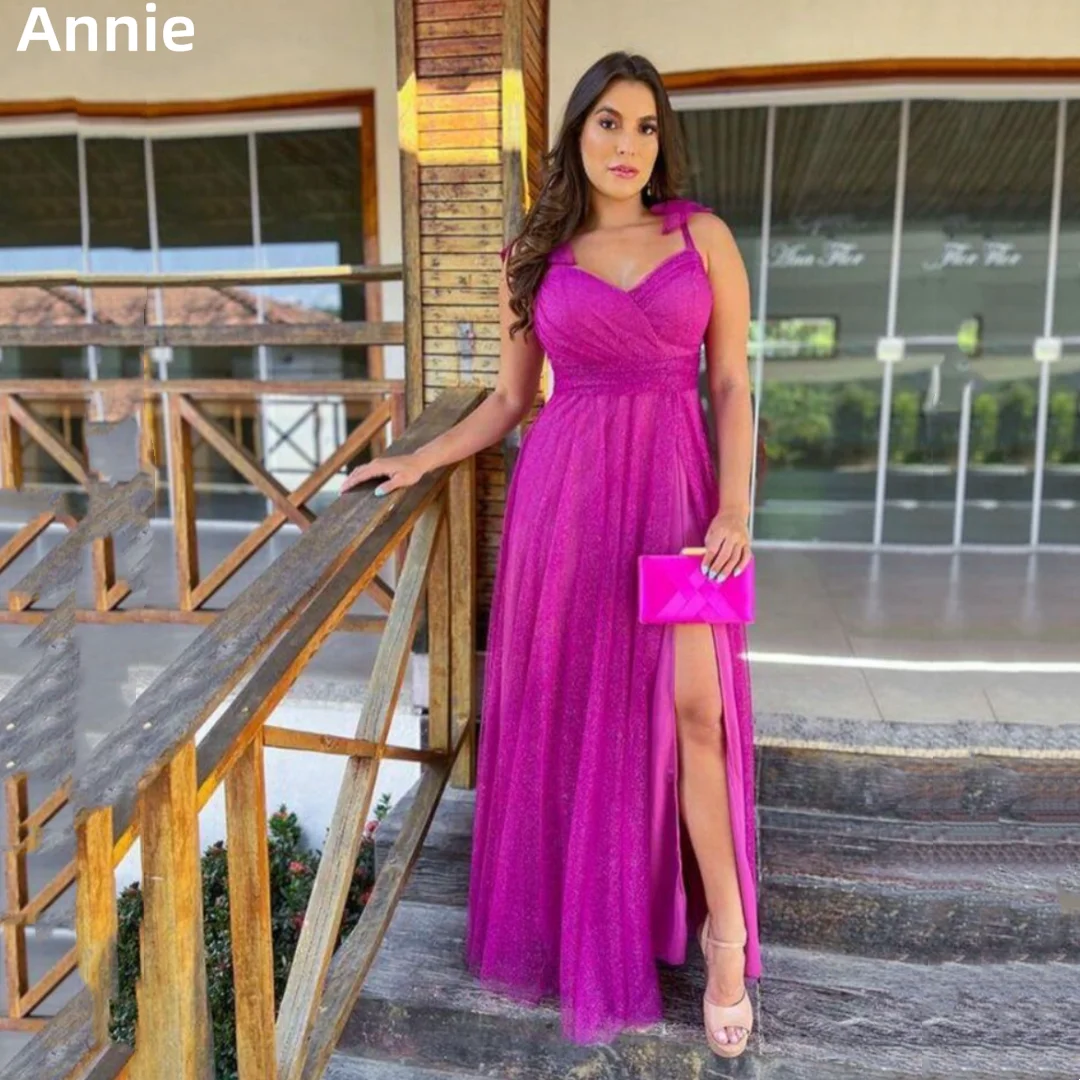 Простое Тюлевое блестящее платье Annie для выпускного вечера Вечернее платье на тонких бретельках с разрезом элегантное фиолетовое платье 2023